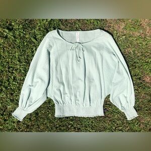 Anthropologie XS Pale Mint Smocked Dolman Tie Neck Textured Blouse Top
